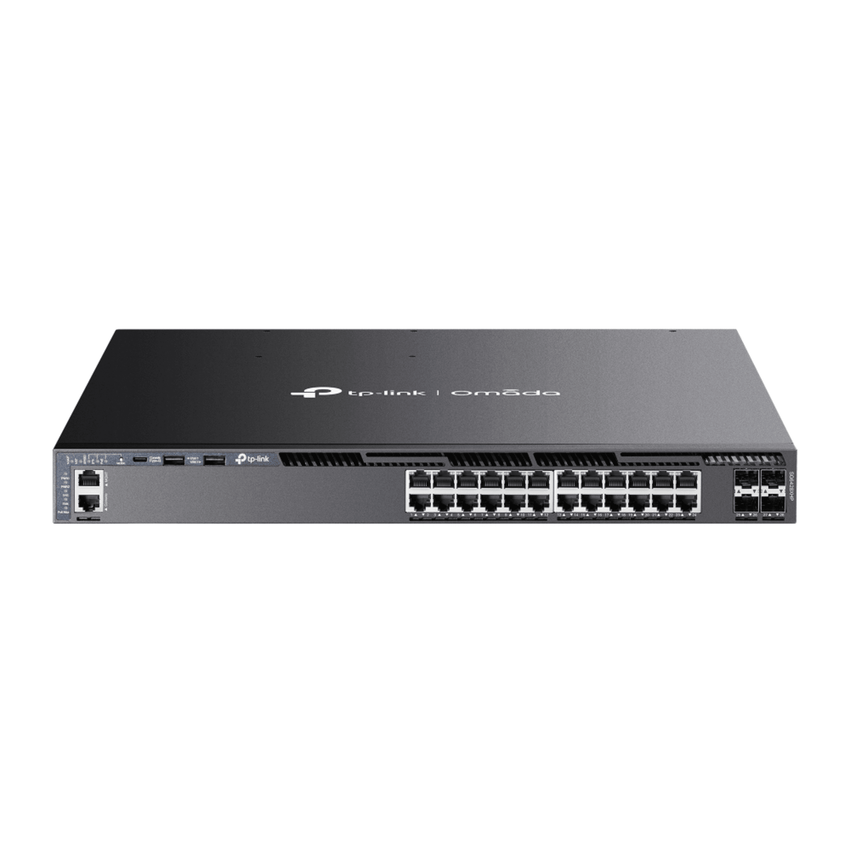 Switch Omada L3 SDN Administrable / 24 puertos PoE af/at Gigabit y 4 puertos SFP+ / Presupuesto PoE 720W / Funciones RIP, VRRP, Servidor DHCP / Administración centralizada OMADA / Fuente Redundante