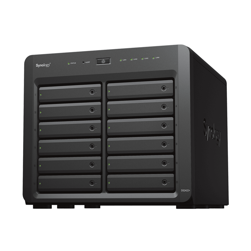 NAS Synology DiskStation DS2422+ | 12 Bahías | Expandible a 24 Bahías | Procesador AMD Ryzen Quad-Core | Hasta 32 GB DDR4 ECC | Caché NVMe SSD | Redes 10/25GbE | Compatible con Virtualización y Vigilancia.