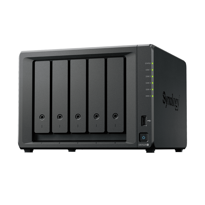 NAS DiskStation DS1525+ | 5 Bahías | Expansión hasta 15 Bahías | 2 Puertos 2.5GbE | Soporte 10GbE | Almacenamiento en Caché SSD | Hasta 300 TB de Capacidad | Compatible con Virtualización y Vigilancia.