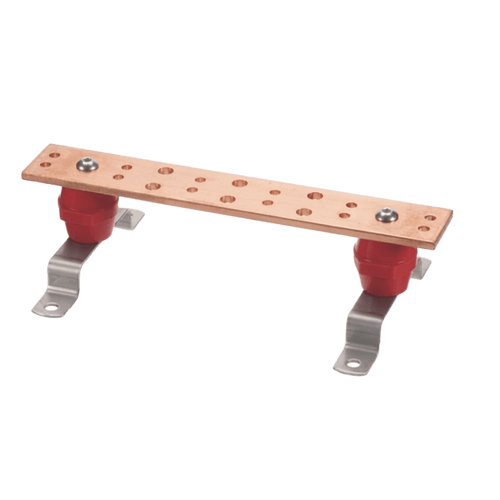 Barra Unión Telecom TMGB / 12 x 2 x 1/4 in / Cobre 100% / 6+12 Orificios / Montaje Muro Incluido / Aisladores Rojos / J-STD-607-A