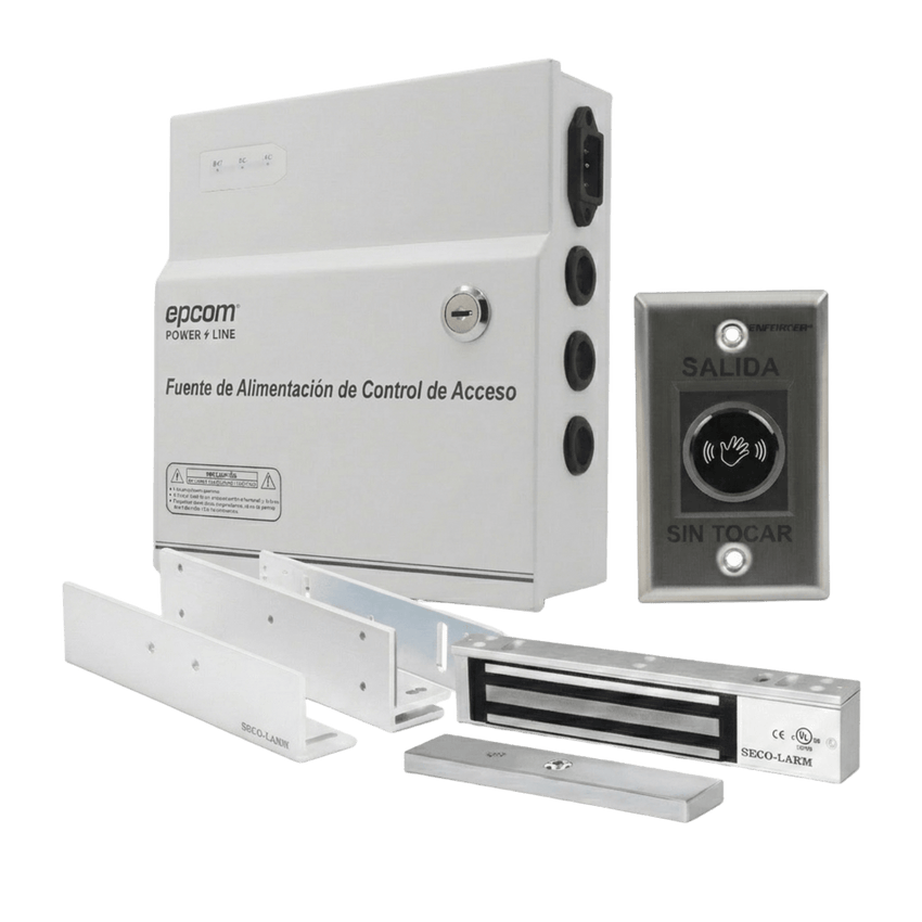 Kit para Control de Acceso Incluye Fuente de 12VCD / Soporta Batería de Respaldo/ Chapa Magnética de 600Lbs / Montajes L y Z / Botón de salida  / Certificación UL y ETL
