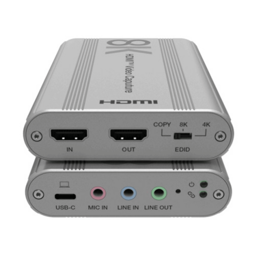 Tarjeta de Captura HDMI 8K a USB 3.2 Gen 1 | Resolución 8K@60Hz y 4K2K@144Hz | Ancho de Banda 48Gbps | Mezcla de Audio HDMI-Micrófono-Línea | Compatibilidad Multiplataforma Windows-macOS-Linux | Carcasa de Aluminio Plateado