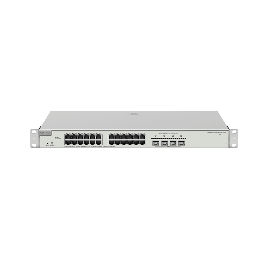 Switch Administrable Capa 3 con 24 puertos Gigabit PoE 802.3af/at + 4 SFP+ para fibra 10Gb, gestión gratuita desde la nube, 370w