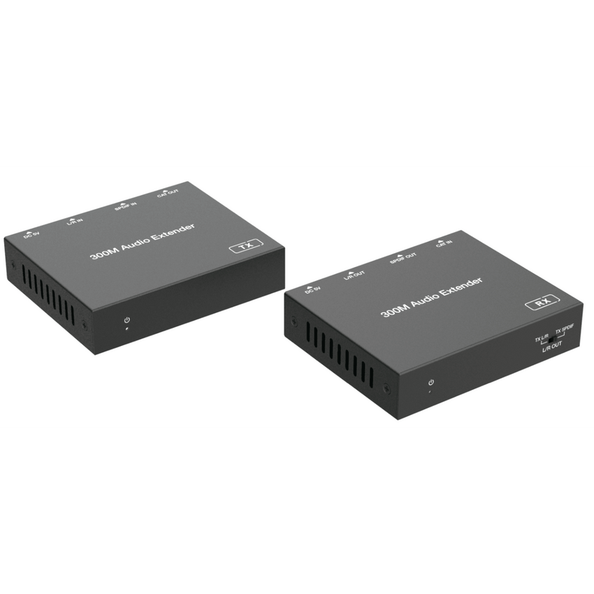 Extensor de Audio | Digital Óptico y Analógico | Transmisión hasta 300 m | Soporte 48/96/192 kHz | Selección de salida en receptor | Función POC bidireccional | Plug-and-Play | Ideal para HDTV, AVR y sistemas multizona