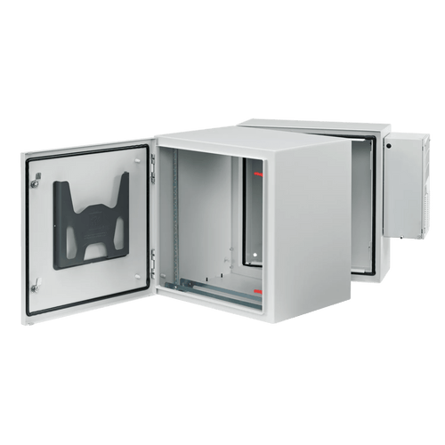 Gabinete Industrial ProTek de Puerta Sólida, Con Aire Acondicionado de 4000 BTU, Protección NEMA Tipo 4/12; IP66; IK10, Abatible, Fabricado en Acero, 19 UR, Color Gris Claro