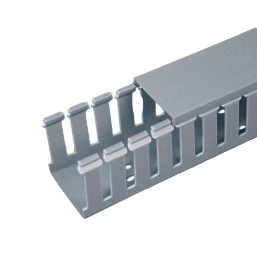 Canaleta Ranurada de PVC con Tapa, Tipo F, 44.5 mm de Ancho, 53.8 mm de Alto y 2 m de Largo, Color Gris