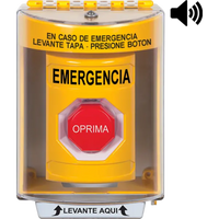 ?Botón Multipropósito, Color Amarillo, De Superficie con Espaciador, C/Tapa De Policarbonato, C/Bocina Pre Alarma, Interior/Exterior, Llave Para Restablecer, Texto De Emergencia, Español