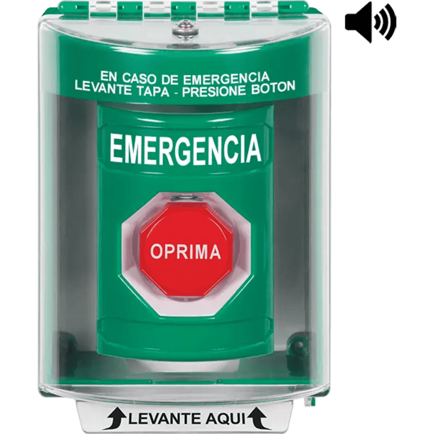 ?Botón Multipropósito, Color Verde, De Superficie con Espaciador, C/Tapa De Policarbonato, C/Bocina Pre Alarma, Interior/Exterior, Llave Para Restablecer, Texto De Emergencia, Español