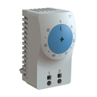 Termostato/Interruptor Para Control de Temperatura en Grados Celsius, Para Uso con Ventiladores, Con Terminales de Conexión, y Clip para Riel Din de 35 mm, Color Gris Claro