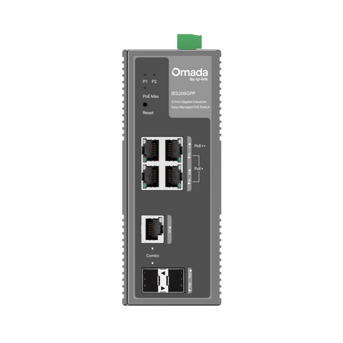 Switch Industrial Easy Managed / 6 Puertos Gigabit (4 PoE) / 120W PoE Budget / IP40 / -40°C a 75°C / 6kV Protección Rayos / Cloud Management Omada / DIN-Rail