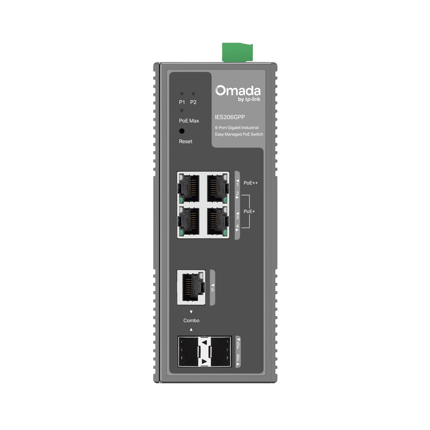 Switch Industrial Easy Managed / 6 Puertos Gigabit (4 PoE) / 120W PoE Budget / IP40 / -40°C a 75°C / 6kV Protección Rayos / Cloud Management Omada / DIN-Rail