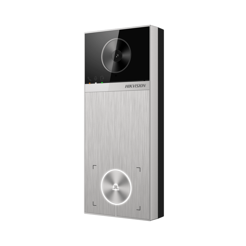 Videoportero / 4 Megapixel / Ángulo de Visión 150° / Control de 2 Cerraduras / Desbloqueo por Tarjeta, Hik-Connect y Estación Interior / IP65 / PoE IEEE802.3at / Compatibilidad ONVIF / H.265
