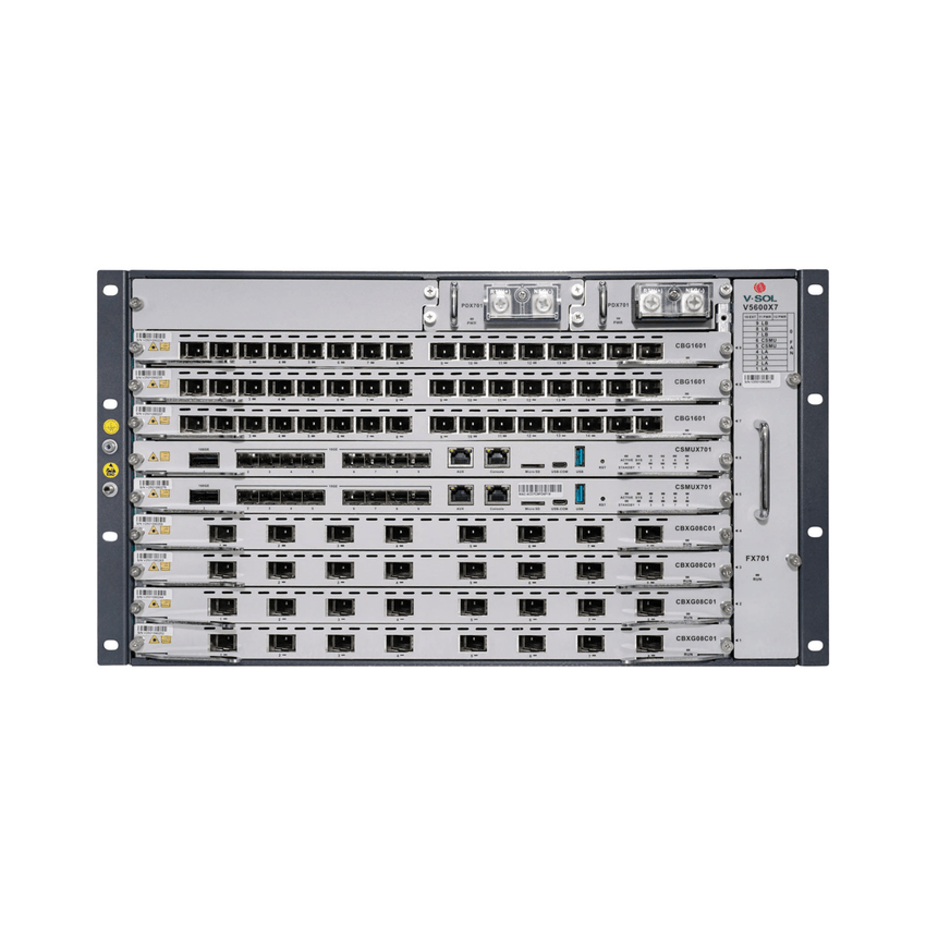 OLT Modular tipo Chasis GPON/XGS-PON Combo, 7 Ranuras de Servicio, Incluye 1 Tarjeta de Servicio de 16 puertos GPON