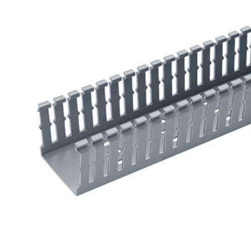 Canaleta Ranurada de PVC sin Tapa, Tipo F, 2.25 in de Ancho, 3.14 in de Alto y 1800 mm de Largo, Color Gris