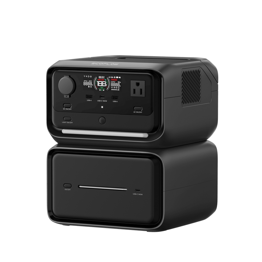 EcoFlow River 3 | Estación de Energía Portátil 858Wh Litio LFP / 2 AC 300 W (Max. 550W) / 1 USB-C 100W / 2 USB -A 12W / Cargador de Coche 8A a 12 o 24V / Conectividad WiFi y Bluetooth (App) / Carga Solar 110W Max.