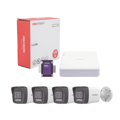 Kit IP 4 Megapixel / NVR de 4 Canales con 4 Puertos PoE / 4 Cámaras IP Bala Dual Light (IR + Luz Blanca) con Microfono Integrado y ACUSENSE Lite para Exterior/ Bobina de Cable de 100 mts / SSD de 1 TB