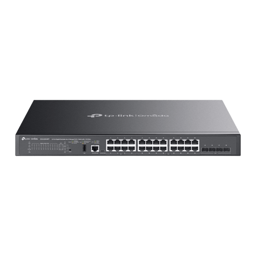 Switch Omada L3 SDN Administrable / 24 puertos PoE af/at Gigabit y 4 puertos SFP+ / Presupuesto PoE 720W / Funciones RIP, VRRP, Servidor DHCP / Administración centralizada OMADA / Fuente Redundante