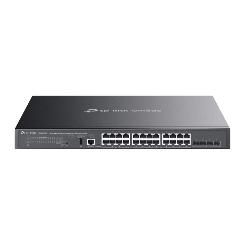 Switch Omada L3 SDN Administrable / 24 puertos PoE af/at Gigabit y 4 puertos SFP+ / Presupuesto PoE 720W / Funciones RIP, VRRP, Servidor DHCP / Administración centralizada OMADA / Fuente Redundante