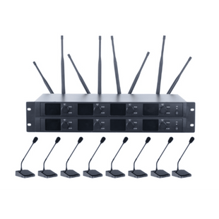 Sistema de Micrófono Inalámbrico Digital EP-598UE | Banda U 540-690 MHz | Transmisión Digital pi/4-DQPSK | 8 Micrófonos de Mesa con Gooseneck | Alcance 70 mts | Autonomía 60 Horas | Ecualizador 3 Bandas | Encriptaci&