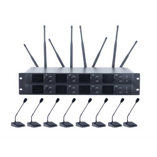 Sistema de Micrófono Inalámbrico Digital EP-598UE | Banda U 540-690 MHz | Transmisión Digital pi/4-DQPSK | 8 Micrófonos de Mesa con Gooseneck | Alcance 70 mts | Autonomía 60 Horas | Ecualizador 3 Bandas | Encriptaci&