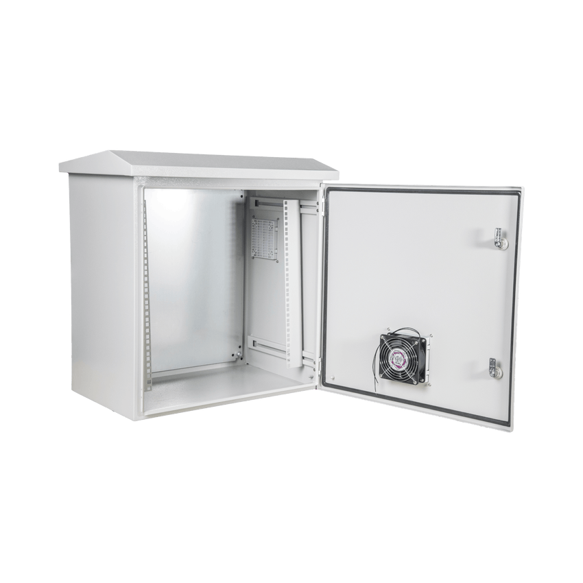 Kit Gabinete Ventilado de Acero, Montaje Rack 19" 11U, IP55 Uso en Exterior (593 x 609 x 399 mm) con Placa Trasera Interior Metálica y Compuerta Inferior Atornillable. Incluye Ventilador, Ventilas, filtros, Terminal de Tierra Física, Ch