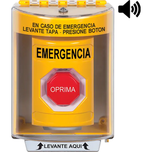 ?Botón Multipropósito, Color Amarillo, De Superficie con Espaciador, C/Tapa De Policarbonato, C/Bocina Pre Alarma, Interior/Exterior, Llave Para Restablecer, Texto De Emergencia, Español