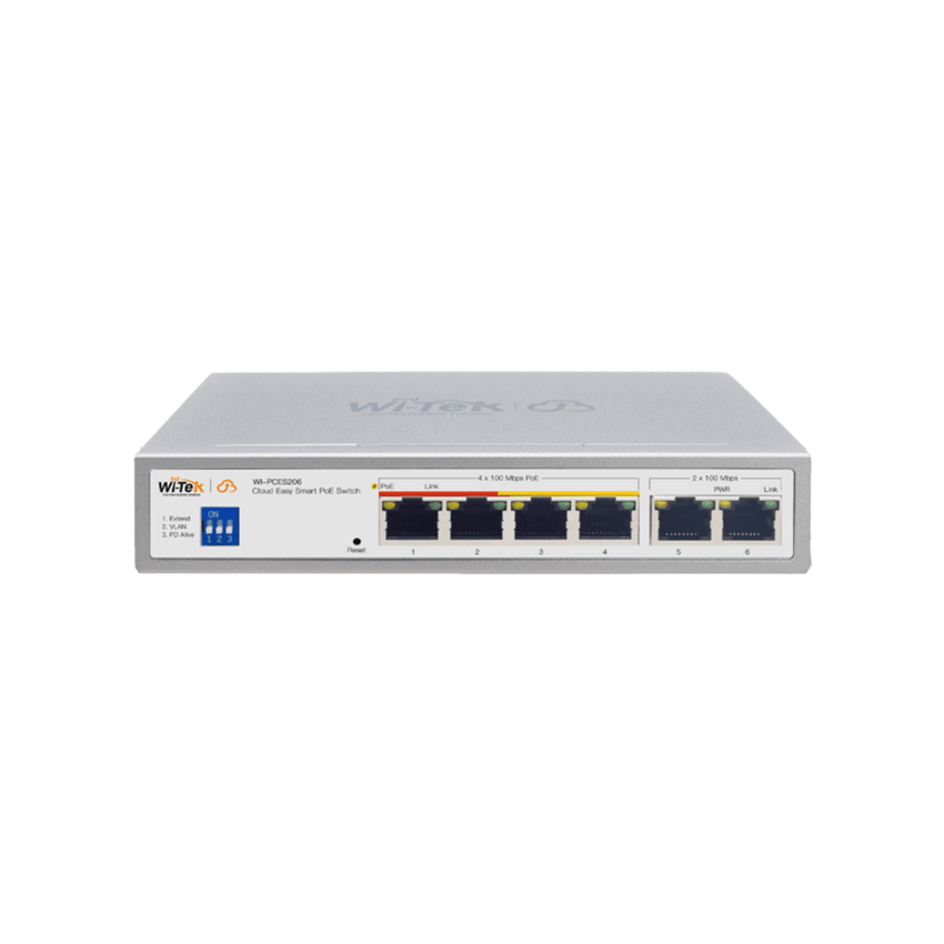 Switch PoE / Administración en la nube / Con 4 puertos 10/100 Mbsp PoE af/at / 2 Puertos Uplink 10/100 MBPS /  Presupuesto 60 W / PoE hasta 250 metros / Soporta protocolo ONVIF
