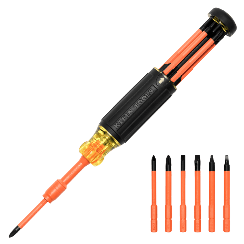 Destornillador Aislado 6-en-1 Auto-Lock / Aislado 1000V CAT III / Almohadilla de agarre / Almacenamiento de brocas integrado / Bits Philips #1 #2 / Slotted 3/16" 1/4" / Square #1 #2