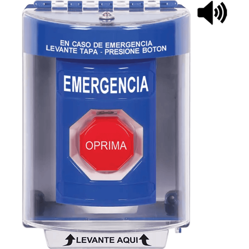 ?Botón Multipropósito, Color Azul, De Superficie con Espaciador, C/Tapa De Policarbonato, C/Bocina Pre Alarma, Interior/Exterior, Llave Para Restablecer, Texto De Emergencia, Español