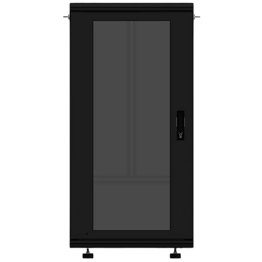 Gabinete Rackeable 19 Pulgadas / 24 Unidades / Piso / Puerta de Cristal / Acero Calibres 16-18-20 / Capacidad 750 Kg / Dimensiones 600x605x1190 mm (23.6x23.8x46.9 in) / Ventilación 120 mm / Cerradura