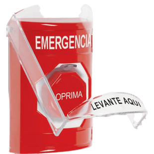 ?Botón Multipropósito, Color Rojo, De Superficie, Con Tapa De Policarbonato, Con Bocina Pre Alarma, Para Interior, Llave Para Restablecer, Texto De Emergencia, Español