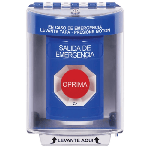 Botón Multipropósito, Color Azul, De Superficie, Con Tapa De Policarbonato, Sin Bocina, Para Interior/Exterior, Llave Para Restablecer, Texto Salida De Emergencia, Español