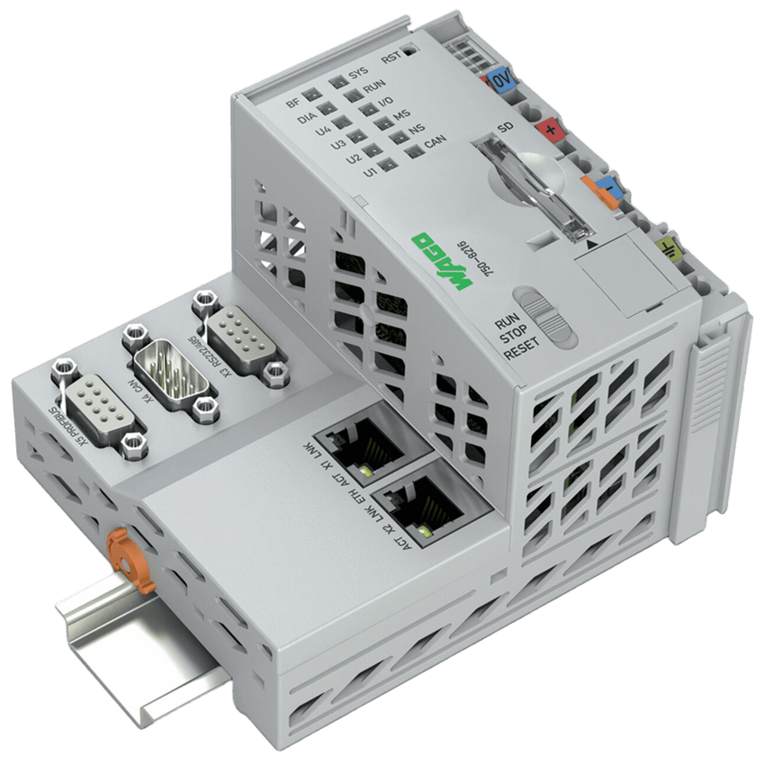 Controlador PFC200 PLC / 2ª Generación / 2 x ETHERNET 10/100 Mbps / RS-232/485 / CAN / CANopen / PROFIBUS-Slave / Cortex A8 1 GHz / 512 MB RAM / 4096 MB Flash / CODESYS V3.5 / e!COCKPIT / Linux RT / IP20 / -20...+60°C