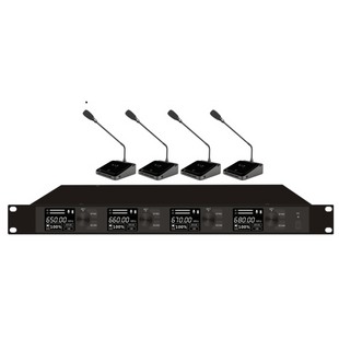 Sistema de Micrófono Inalámbrico Digital EP-594UE | 4 Micrófonos de Mesa con Cuello de Ganso | Transmisión U-Band Digital pi/4-DQPSK | Alcance 80 metros | 15 Horas de Autonomía Expandible a 60 Horas | Encriptación