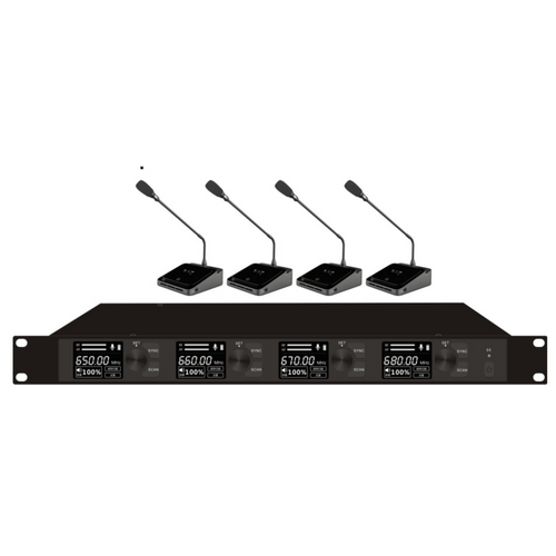 Sistema de Micrófono Inalámbrico Digital EP-594UE | 4 Micrófonos de Mesa con Cuello de Ganso | Transmisión U-Band Digital pi/4-DQPSK | Alcance 80 metros | 15 Horas de Autonomía Expandible a 60 Horas | Encriptación