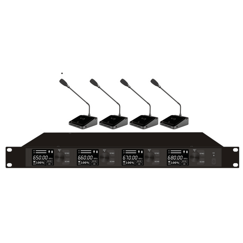 Sistema de Micrófono Inalámbrico Digital EP-594UE | 4 Micrófonos de Mesa con Cuello de Ganso | Transmisión U-Band Digital pi/4-DQPSK | Alcance 80 metros | 15 Horas de Autonomía Expandible a 60 Horas | Encriptación