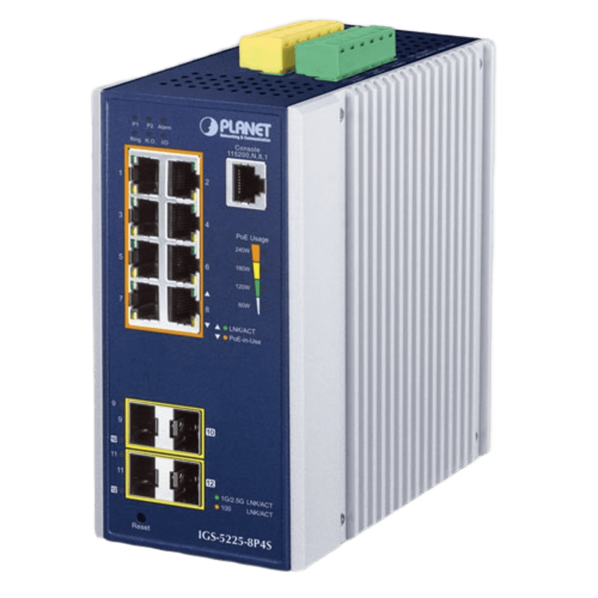 Switch Industrial Administrable Capa2, 8 Puertos Gigabit con PoE+ 802.3at, 2 Puertos SFP de 100/1G y 2 Puertos SFP de 100/1G/2.5G