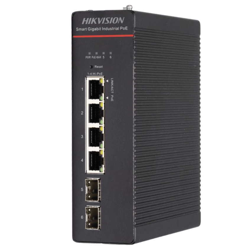 Switch Industrial / Administrable Gigabit / 4 Puertos Gigabit HiPoE (90 W) / 2 Puertos SFP / 300 W Total / 48 a 57 VCD / Ideal para Proyectos / 300 Metros de Distancia