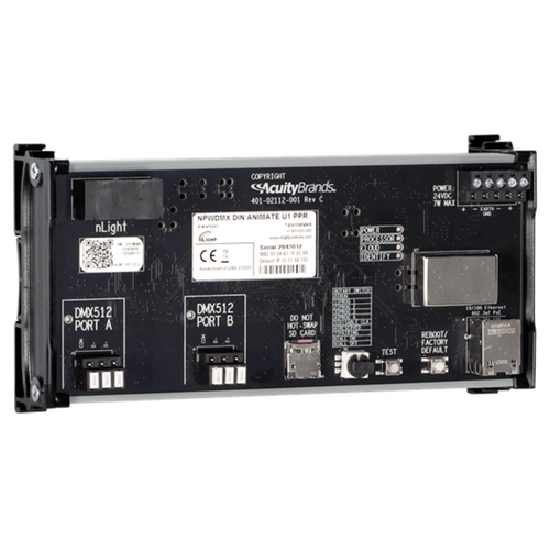 Controlador DMX Dinámico nLight Animate / Hasta 4 Universos DMX (2048 Canales) / Integración nLight-DMX / Protocolos sACN-Art-Net-KiNET / Software Pathscape Gratuito / Montaje DIN o Gabinete NEMA 1