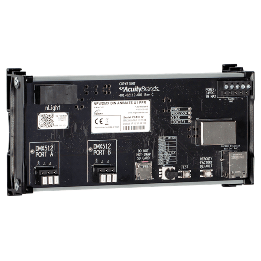 Controlador DMX Dinámico nLight Animate / Hasta 4 Universos DMX (2048 Canales) / Integración nLight-DMX / Protocolos sACN-Art-Net-KiNET / Software Pathscape Gratuito / Montaje DIN o Gabinete NEMA 1