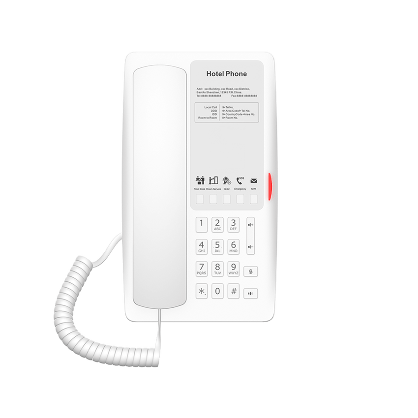 Teléfono IP Hotelero / 2 Líneas SIP / 5 Teclas Programables / Puerto USB-A de Carga / PoE 802.3af / Diseño Blanco / Audio HD Manos Libres