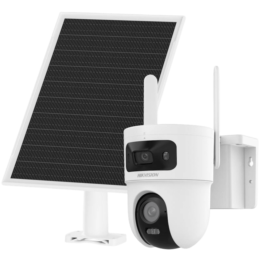 Kit Solar IP All in One Doble Lente / AOV / PT IP 4 Megapixel Lente 4 mm / Fijo 4 Megapixel Lente 2.8 mm / Panel Solar + Batería de Respaldo de Litio (9000 mAh) / Conexión 4G / Audio de Dos Vías / Dual Light / IP66 / Micro SD