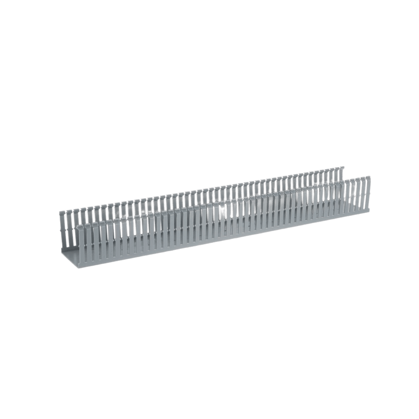 Canaleta Ranurada de PVC con Tapa, Tipo F, 82.6 mm de Ancho, 79.2 mm de Alto y 2 m de Largo, Color Gris