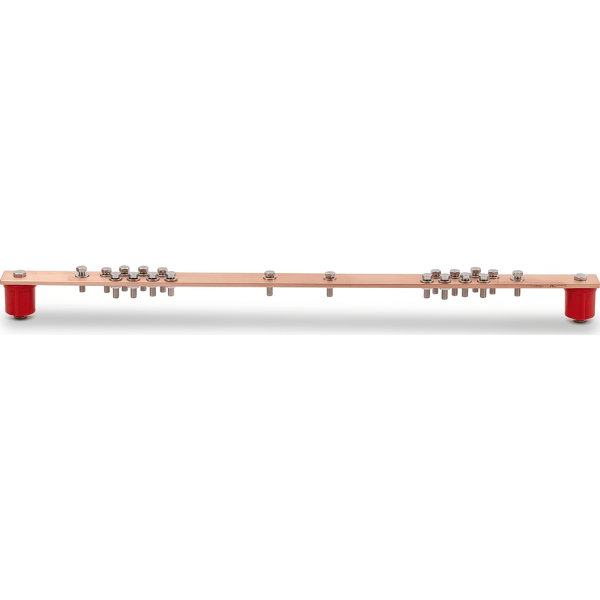Barra Distribución Tierra Rack 19 in / Cobre 100% / 550A / Aisladores Rojos / 0.64 cm (0.25 in) / J-STD-607-A