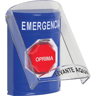 ?Botón Multipropósito, Color Azul, De Superficie, Con Tapa De Policarbonato, Sin Bocina Pre Alarma, Solo Interior, Llave Para Restablecer, Texto De Emergencia, Español