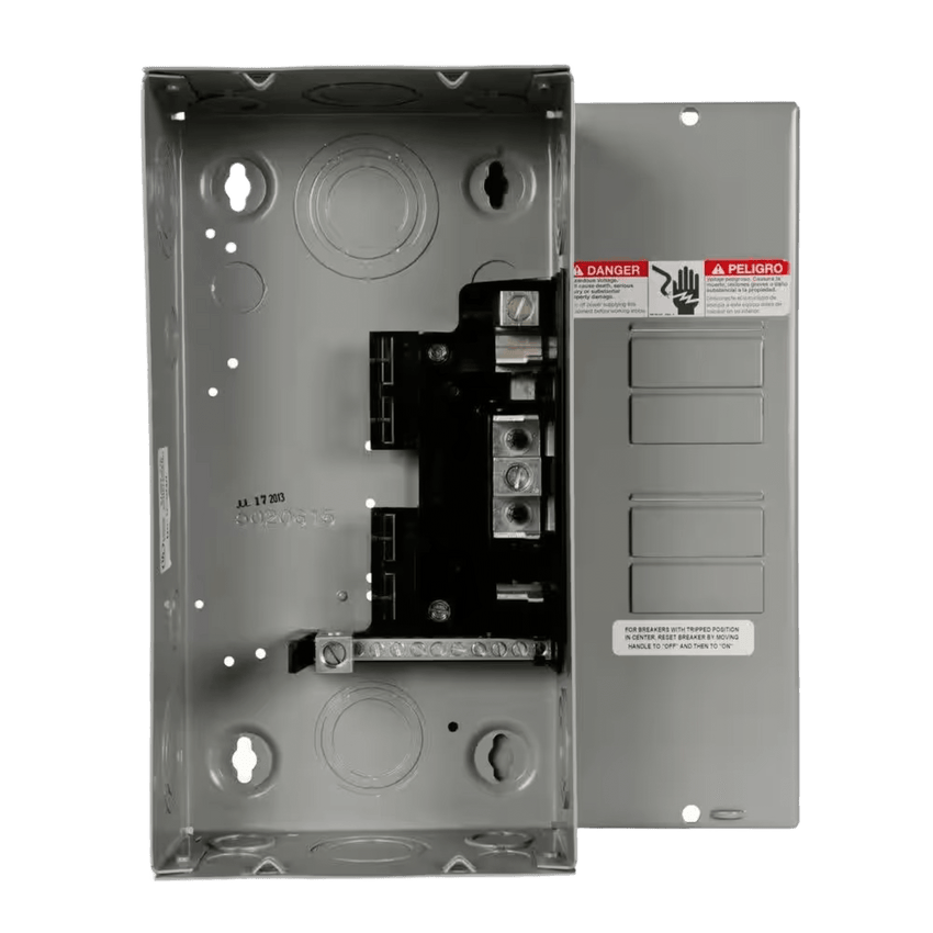 Centro de carga monofásico para empotrar. 1 Fase, 3 Hilos para interruptores QT, de 4 polos - 8 Circuitos, 120/240vca, Barras de aluminio 125 Amp, Nema 1.