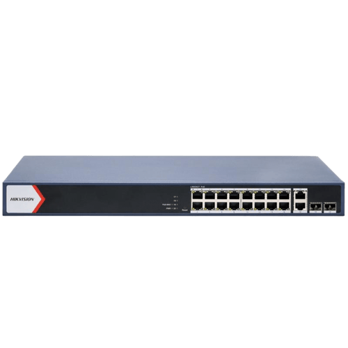 Switch PoE+ / Administrable / 16 puertos 1000 Mbps PoE+ / 2 Puertos 1000 Mbps Uplink / 2 Puertos SFP de Uplink /  Configuración Nube Hik-Partner Pro / Modo Extendido hasta 300 metros / 230 W