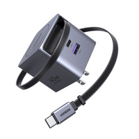 Cargador Rápido UGREEN 45W GaN / Cable Retráctil 0.7m / 3 Puertos USB-C + USB-A / Tecnología GaNInfinity 95% Eficiencia / 8 Capas Protección / Carga Simultánea 3 Dispositivos / Compacto para Viajes