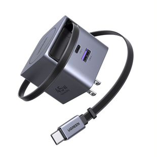 Cargador Rápido UGREEN 45W GaN / Cable Retráctil 0.7m / 3 Puertos USB-C + USB-A / Tecnología GaNInfinity 95% Eficiencia / 8 Capas Protección / Carga Simultánea 3 Dispositivos / Compacto para Viajes