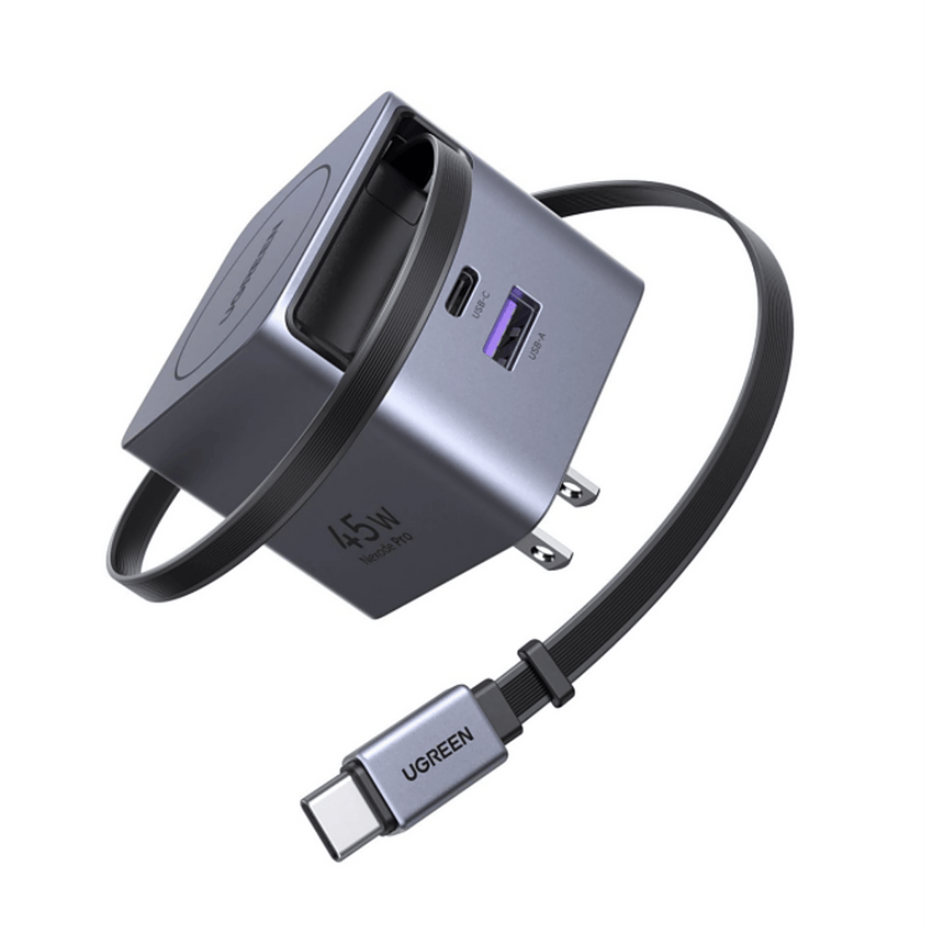 Cargador Rápido UGREEN 45W GaN / Cable Retráctil 0.7m / 3 Puertos USB-C + USB-A / Tecnología GaNInfinity 95% Eficiencia / 8 Capas Protección / Carga Simultánea 3 Dispositivos / Compacto para Viajes